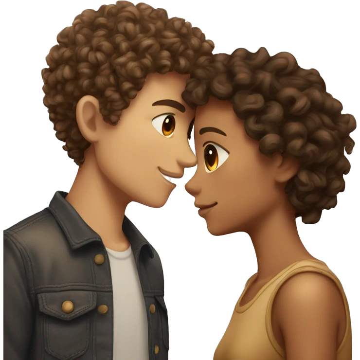 curly hair boy with brown hair and skin kissing curly hair girl with brown hair and tan skin emoji