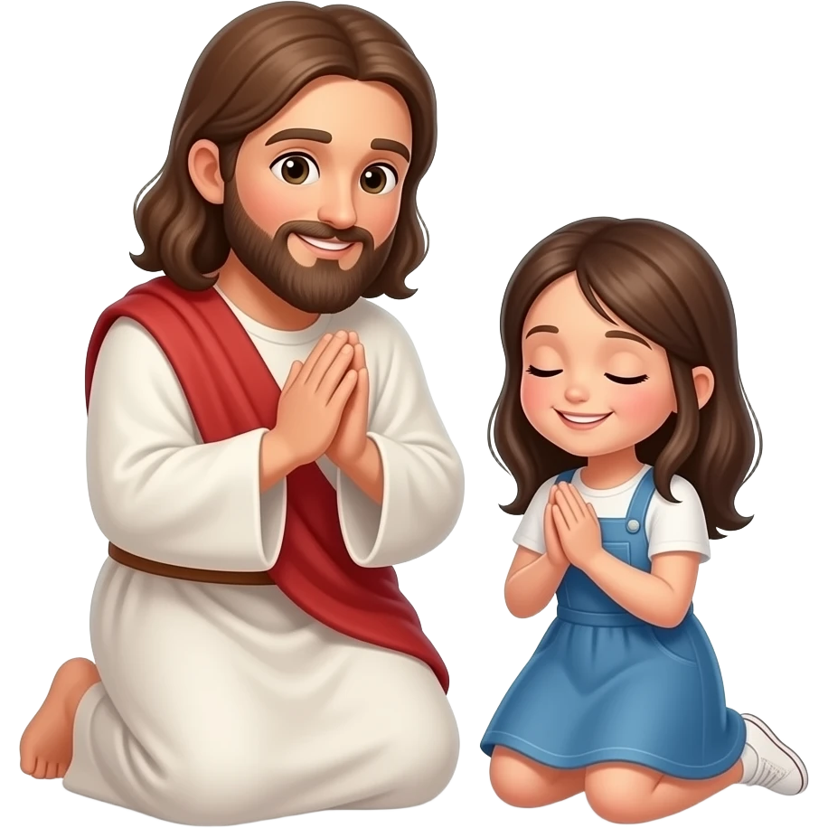 Jesus and and girl praying on their knees together and smiling emoji