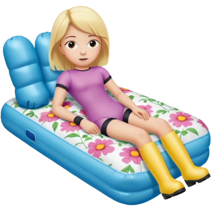 chica rubia con cara de miedo con unas botas de presoterapia inflables tirada en una cama emoji