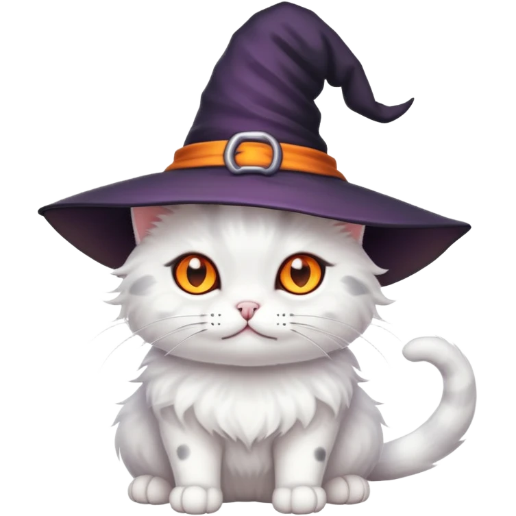 white cat with black spots wearing a witch hat  emoji
