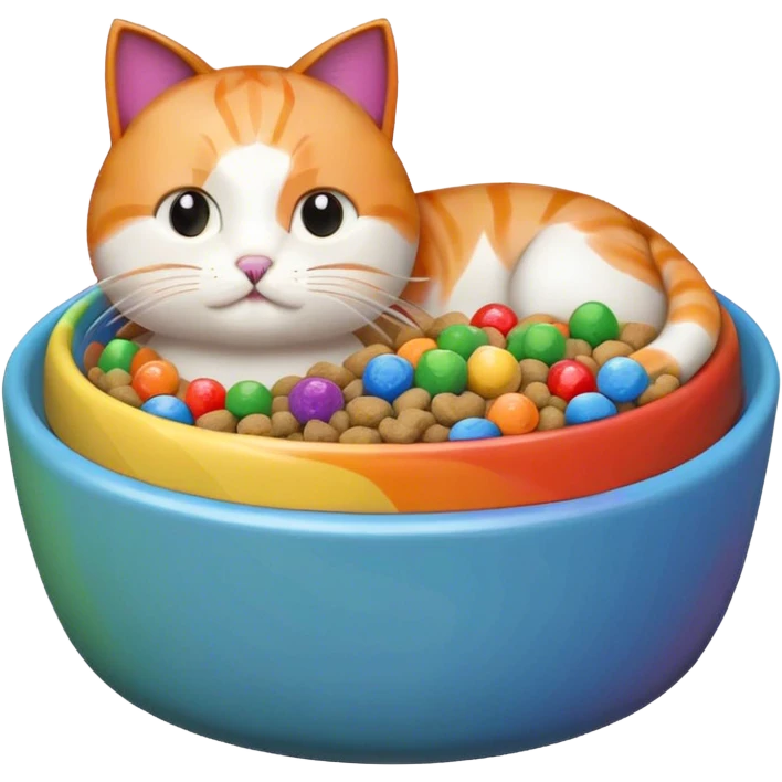 cute cat food bowl with white food inside, the food is piled on top of the bowl where it is so full. Make the kibble in the food bowl white with rainbow pieces emoji