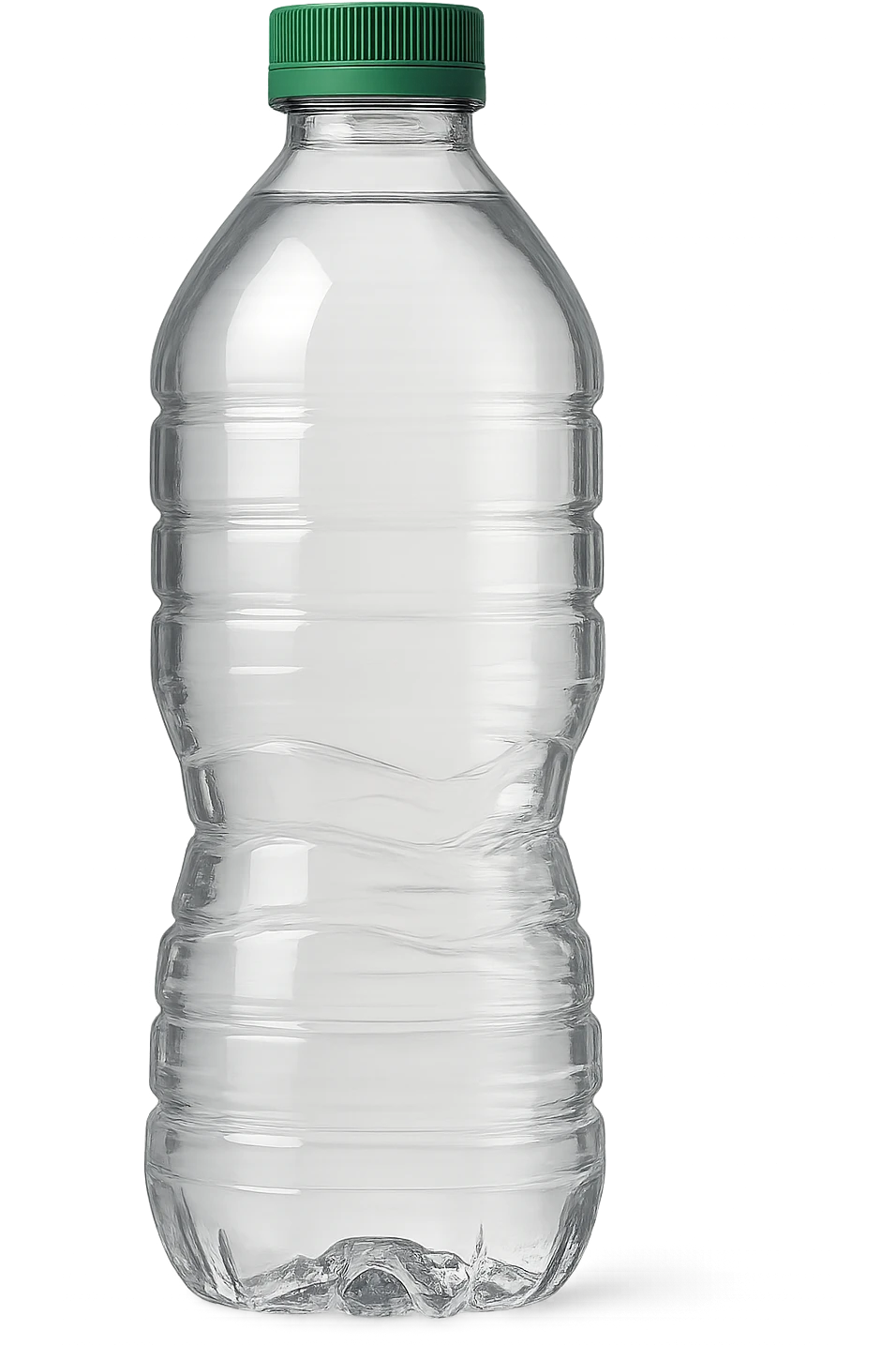 a clear plastic water bottle with a green cap, no label, inspired by Poland Spring, transparent, simple design emoji