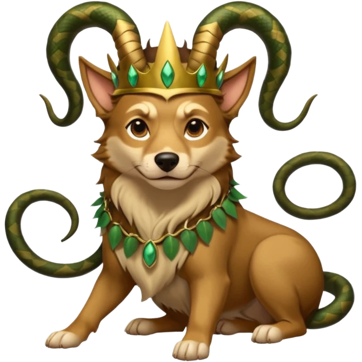 loki god of mischief as a dog. he as snakes. he wears a horned crown dynamic pose emoji
