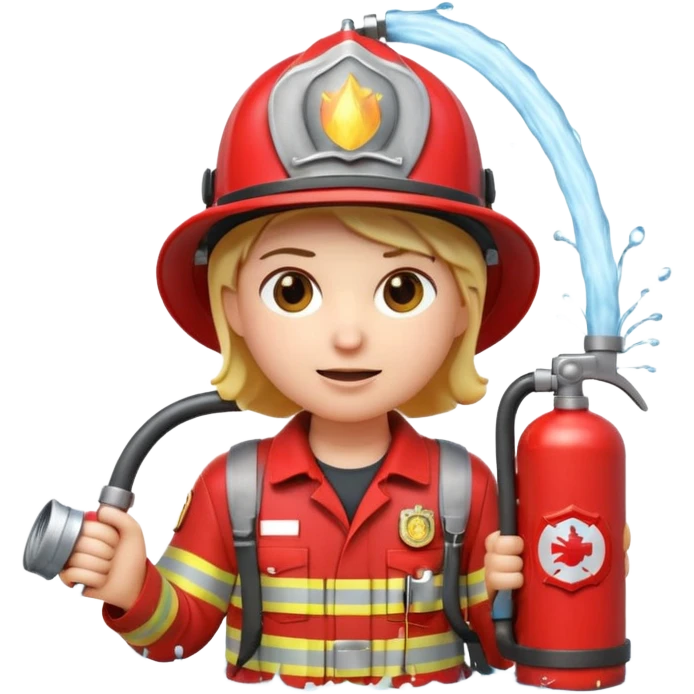 A 3D Apple-style emoji character dressed as a firefighter in a bright red uniform and helmet, holding a fire hose spraying water forward, determined expression with cartoonish eyes, water splashing effect, clean minimal background emoji