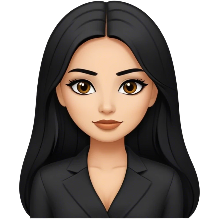 beautiful woman boss, with long straight black hair, with make up, black eye liner, smile, mexican, brown skin, wearing beautiful sexy black outfit, she has a shy attitude  emoji