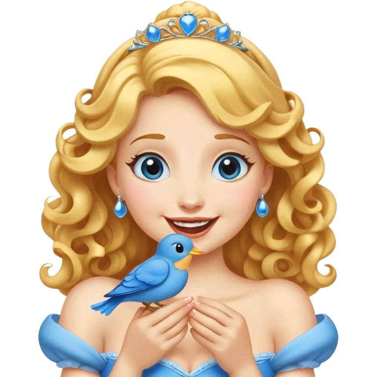 Cinematic Adorable Cinderella Portrait Emoji, Giggling softly while holding a tiny bluebird, golden curls bouncing, eyes sparkling with joy, wrapped in a soft golden glow, exuding warmth and charm, an irresistible blend of beauty and playfulness! emoji