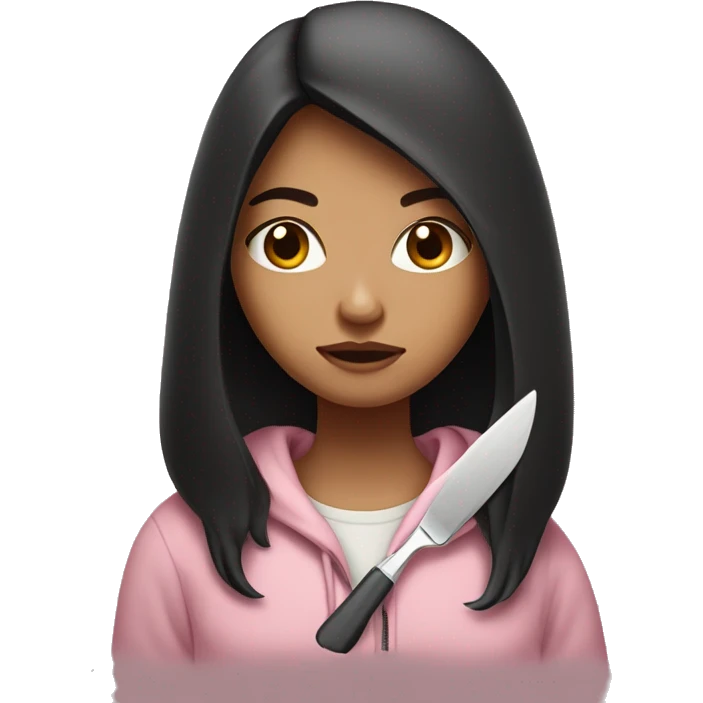 Girl with long dark hair in a light pink hoodie with a serious face holding a butter knife emoji