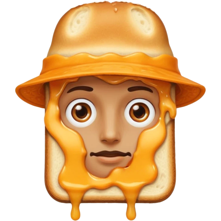 a toastie with melted cheese on the rim and an orange hat and two eyes in left  emoji