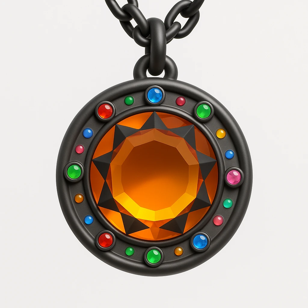Transform this into a charm: add a black chain attached to the top and small colorful gemstone accents around the main amber gem, keep the 3D emoji style emoji