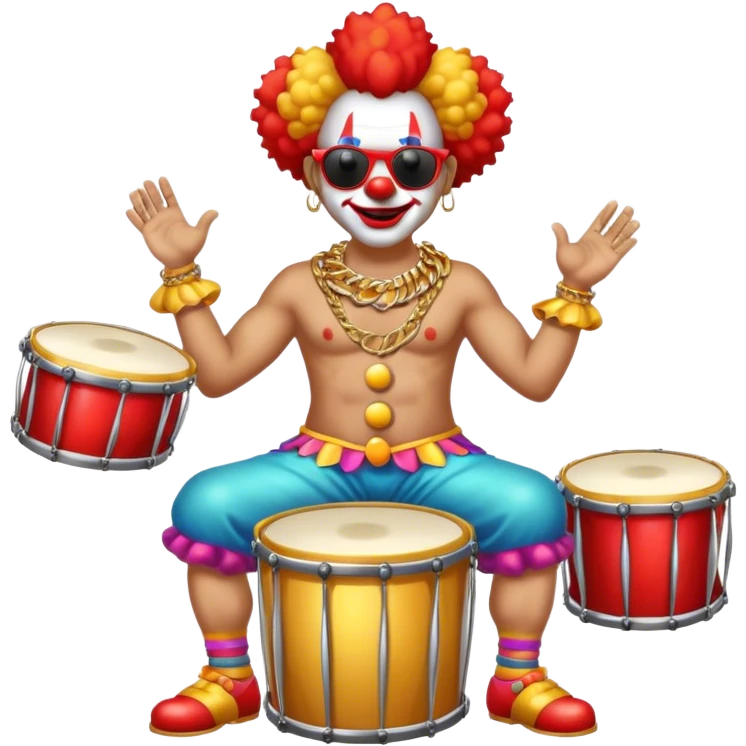 Clown with big golden chain on the neck wearing sunglasses plays drum kit full height emoji