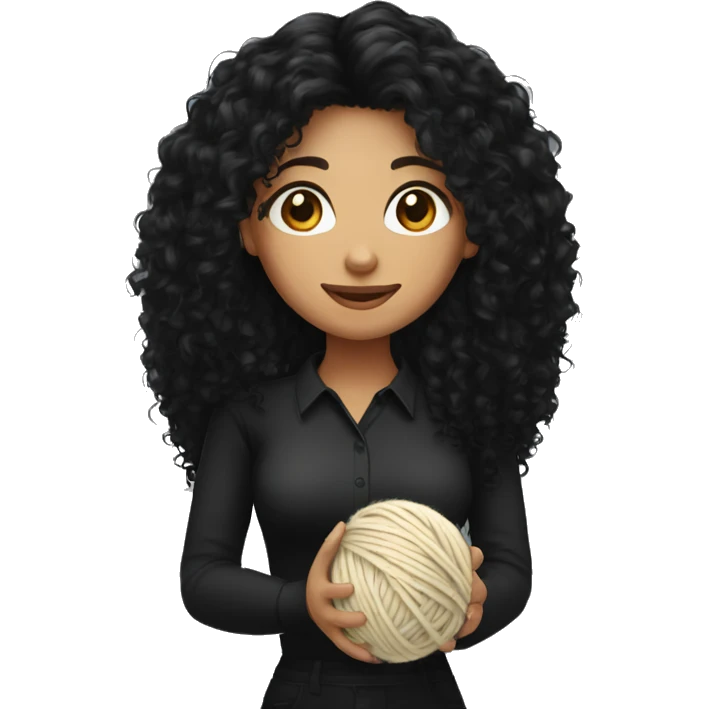 woman with long black curly hair holding one ball of yarn wearing a black shirt emoji