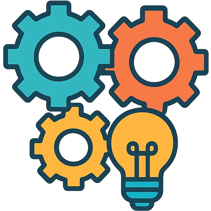 interlocking gears with a small lightbulb, representing logical processes, sleek icon style emoji