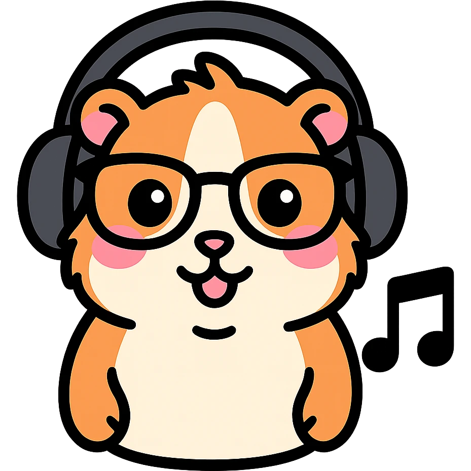 Make the guinea pig match the original reference: same face and glasses style, but wearing headphones and next to a music note for a music app, in a cute, outlined, colorful style. emoji