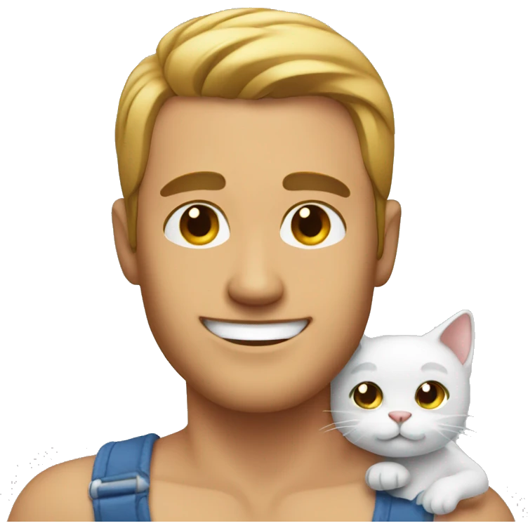 man with shirt off smiling holding a cat emoji