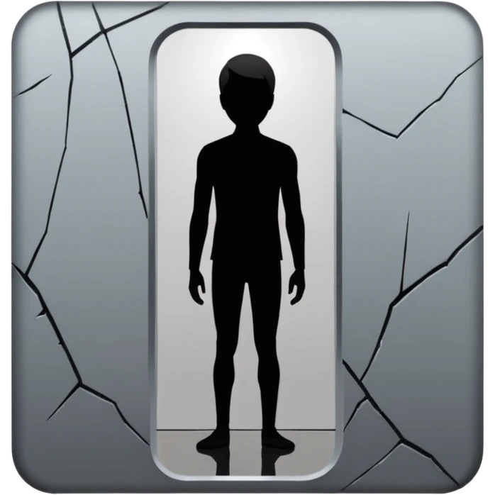 Minimalist emoji-style sticker of a person standing in front of a cracked mirror. The mirror shows a dark shadowy silhouette or distorted figure instead of a reflection. Flat black and white design with muted gray tones. No text. Bold, clean lines. Square composition. No shading or gradients. emoji