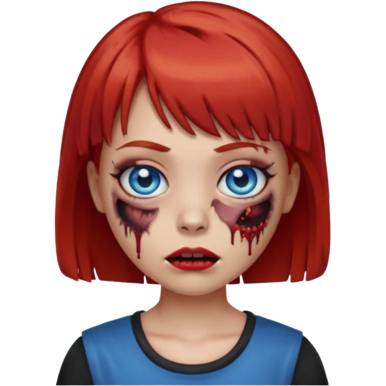 Zombie girl emoji with short red hair and bangs. Blue eyes, fair skin, and a black top. emoji