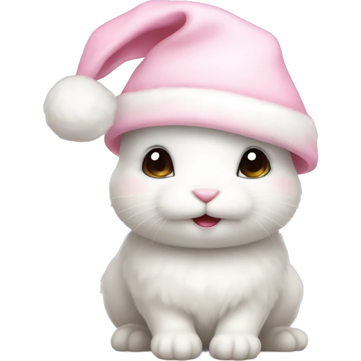 A white little cute bunny wearing a little cute pastel pink Christmas hat emoji