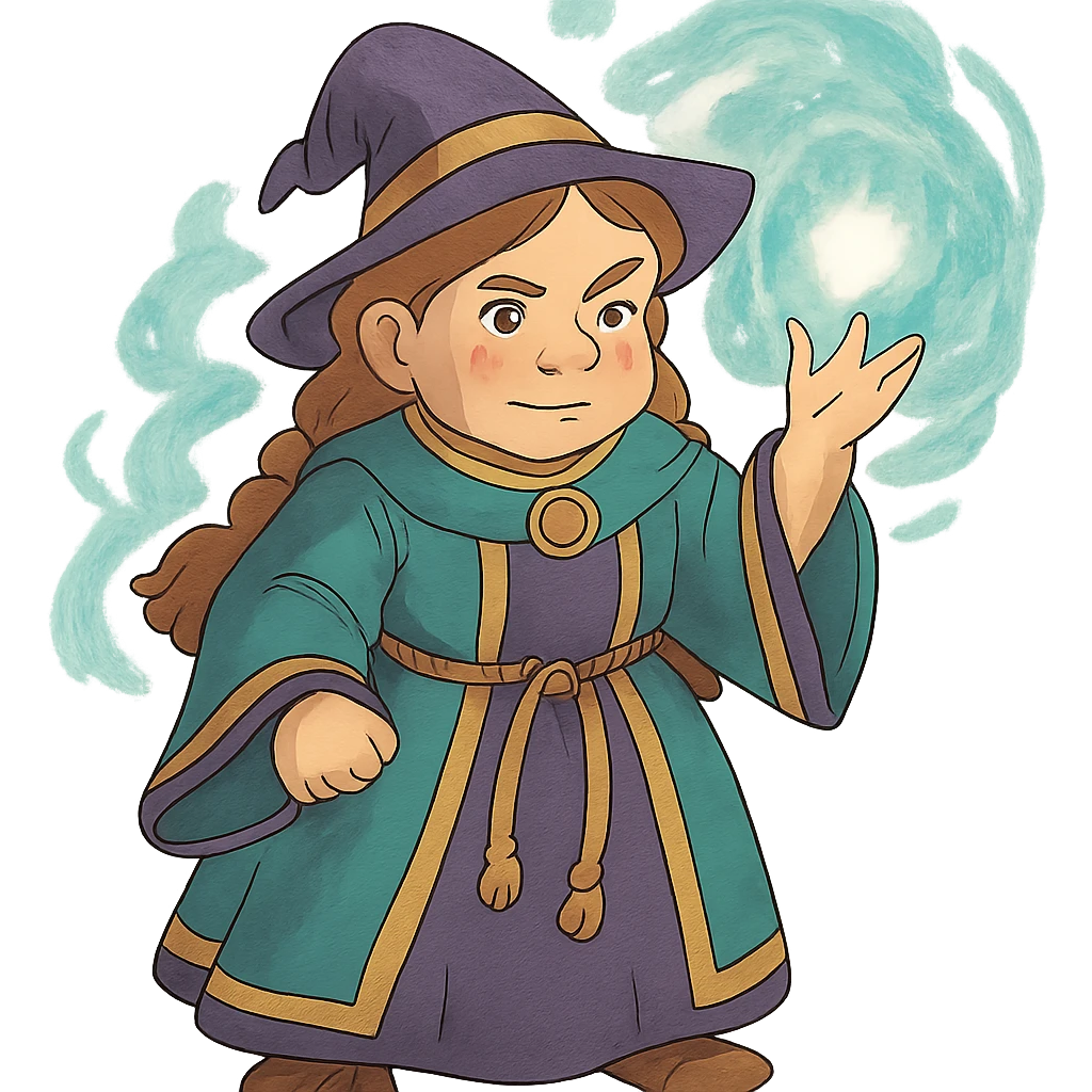 ghibli style female dwarf sorcerer from DnD, fantasy robes, magical aura emoji