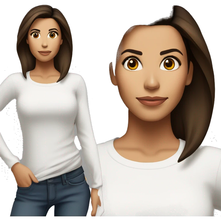 3/4 face, contrasted, shadow, light, Eva Longoria expression, standing from a distance, thin nose, brunette woman, hazel eyes, long eyelashes, dark shoulder shaded hair, white t-shirt, jeans, white sneakers emoji