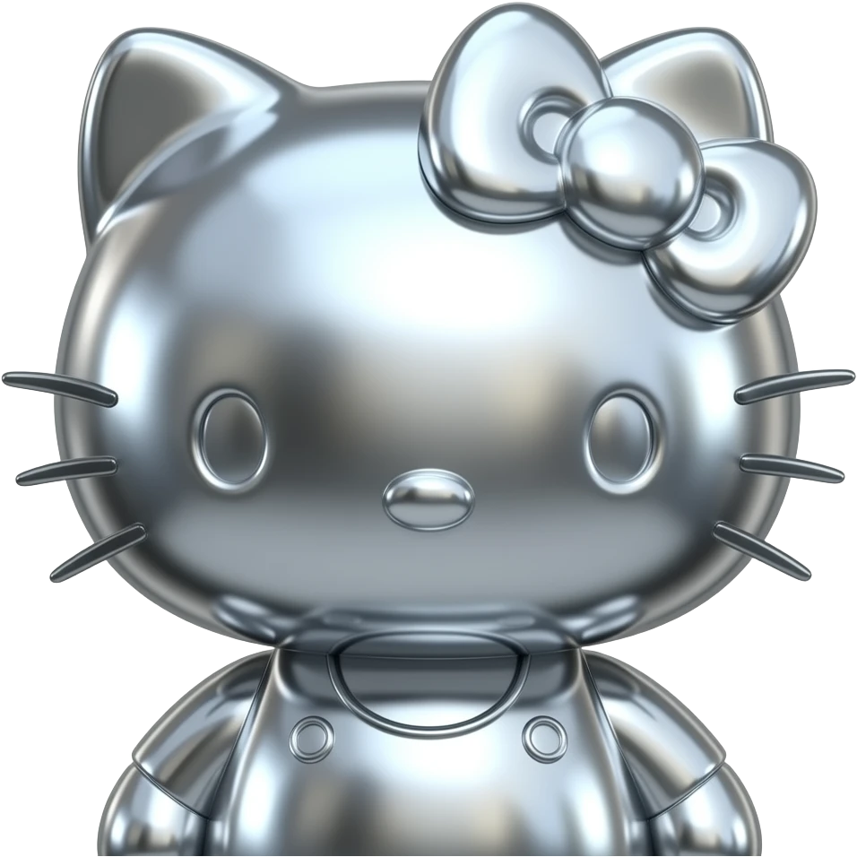 A 3D Y2K-style hello kitty made of liquid chrome and polished silver. Sharp edges with a high-gloss metallic finish reflections. Minimalist, futuristic, and moody emoji