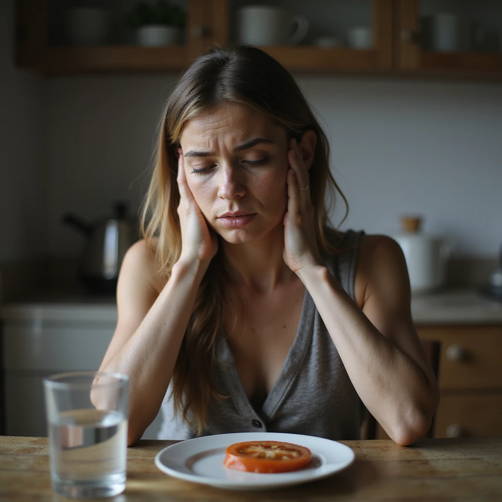 realistic style adult thin woman sitting at kitchen table with a plate with only a slice of tomato and a glass of water, tired expression, kitchen environment, sad atmosphere emoji