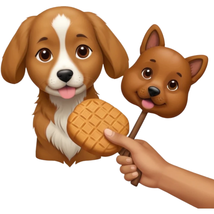trainer hand holding a treat in front of a dog emoji