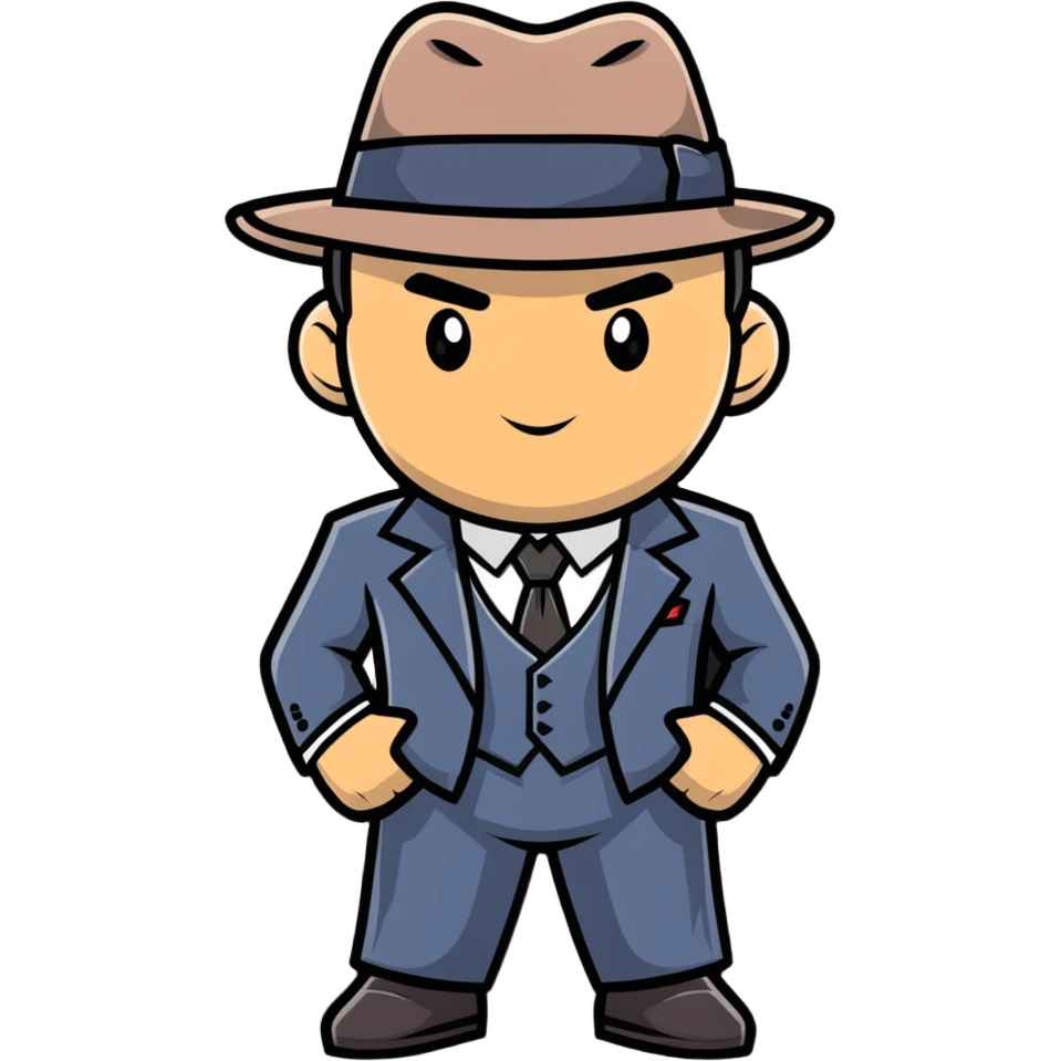 gangster character wearing a fedora and suit, confident pose emoji