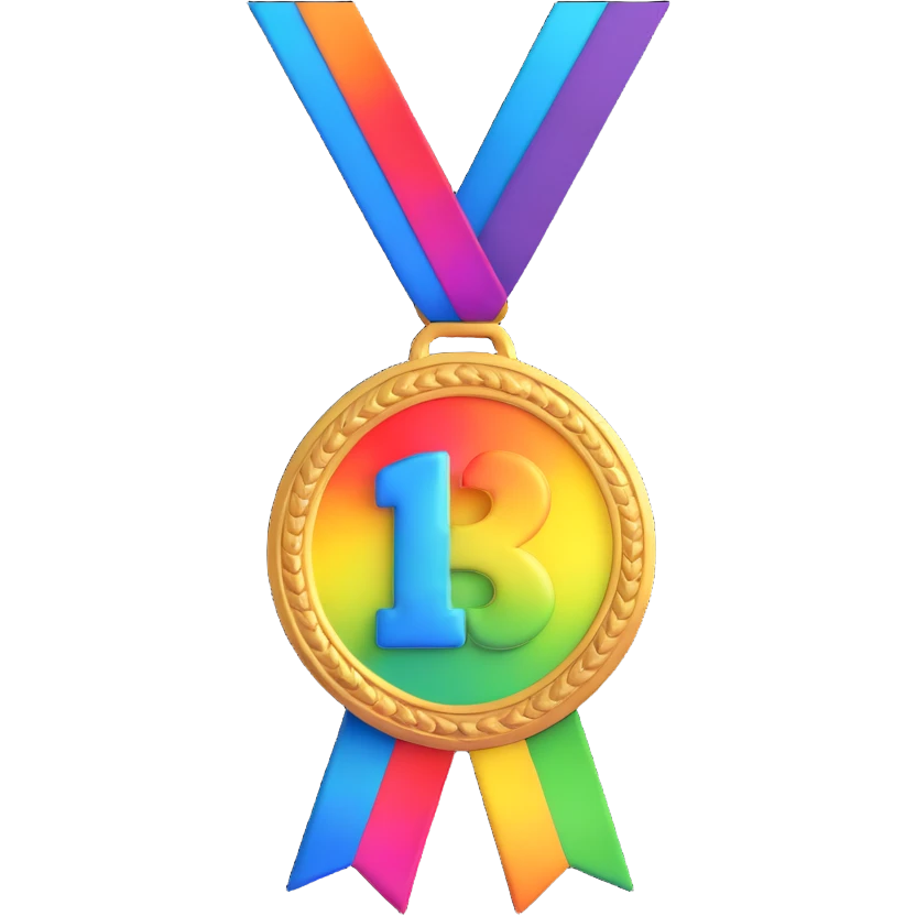 Animated emoji of a rainbow-colored medal with a ribbon, shiny and reflective, 3D style emoji