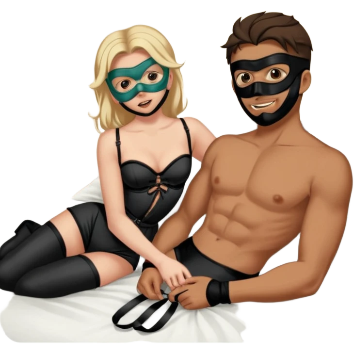 Male submissive in a mask and chastity while tied down to a bed while being pegged by a Hispanic femdom emoji