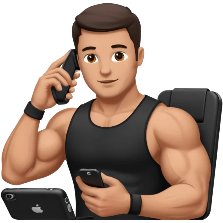Mec musclé avec un téléphone dans les mains qui navigue sur so téléphone emoji