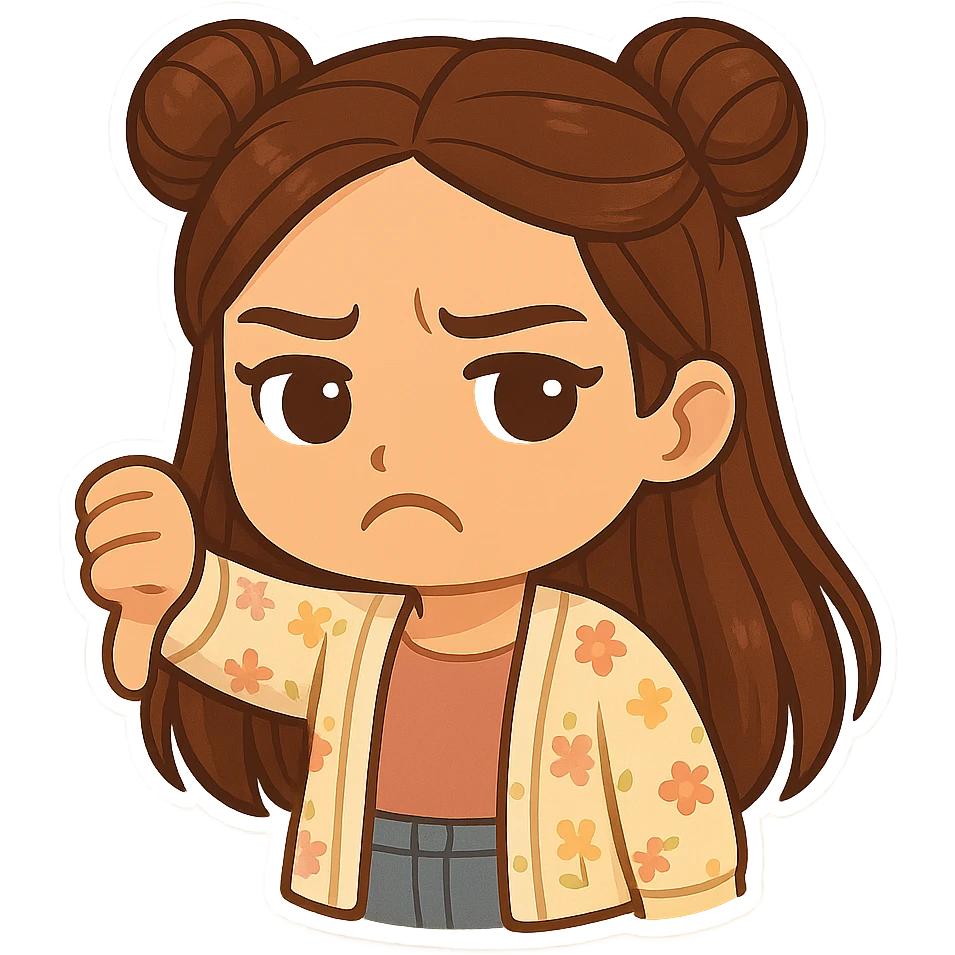 Create a chibi sticker of the girl from the reference image, showing a thumbs down and looking displeased. She has brown straight hair styled in double buns, brown eyes, wearing a pastel floral cardigan and jeans. The sticker should have a white outline and a transparent background, sized 512x512px. emoji