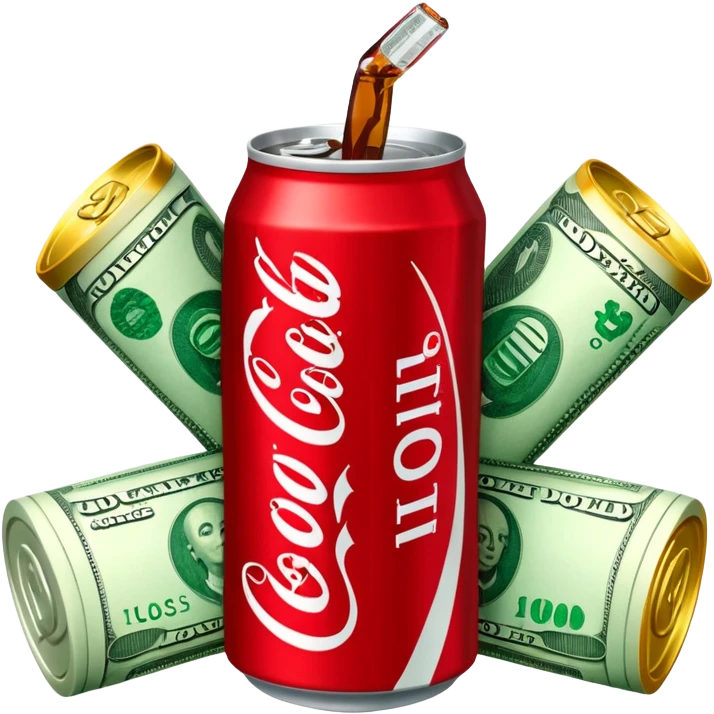 Coca Cola can surrounded by dollar bills emoji