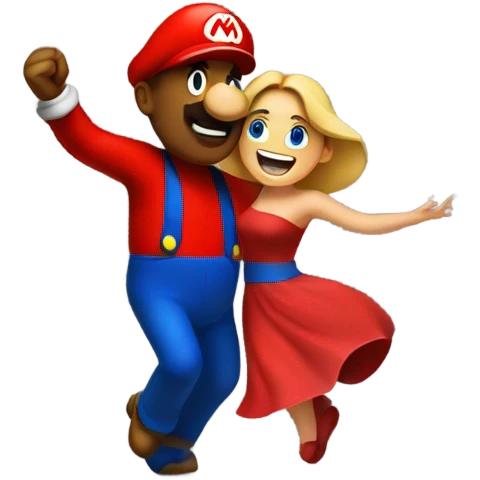 Woman dancing with a man wearing a giant Mario costume head emoji