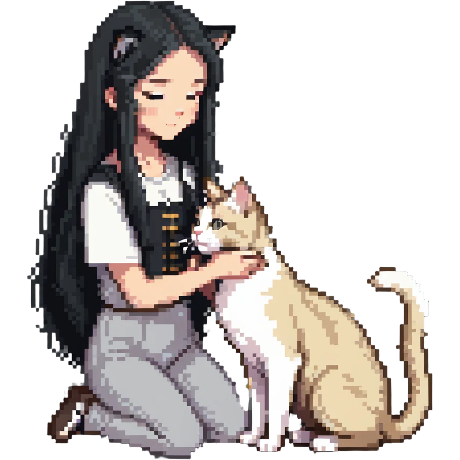 Beautiful girl with long black hair petting a gray and blonde mixed cat emoji