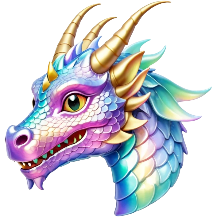 A cute Sparkly glossy Pastel iridescent glass dragon head profile, 2 horns emoji