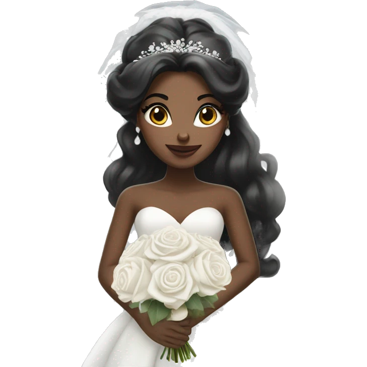 Black hair bride with long white Dress and long white veil and white roses bouquet in hands   emoji