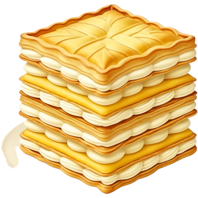 Mille-feuille Cinematic Realistic Mille-Feuille Dessert Emoji, depicted as a delicate pastry composed of two crisp layers of puff pastry with a rich cream filling, rendered with intricate textures and elegant, soft lighting. emoji