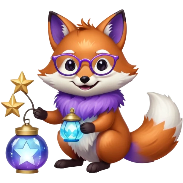 A small magical fox with shimmering purple and blue fur, a glowing fluffy tail, a silver star on its forehead, and round glasses, holding a tiny magical lantern, rolling on the floor and laughing uncontrollably. 🦊🤣 emoji
