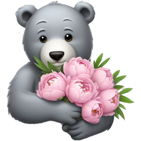 realistic-happy-grey-bear-hugging-Bouquet-of-peonies emoji