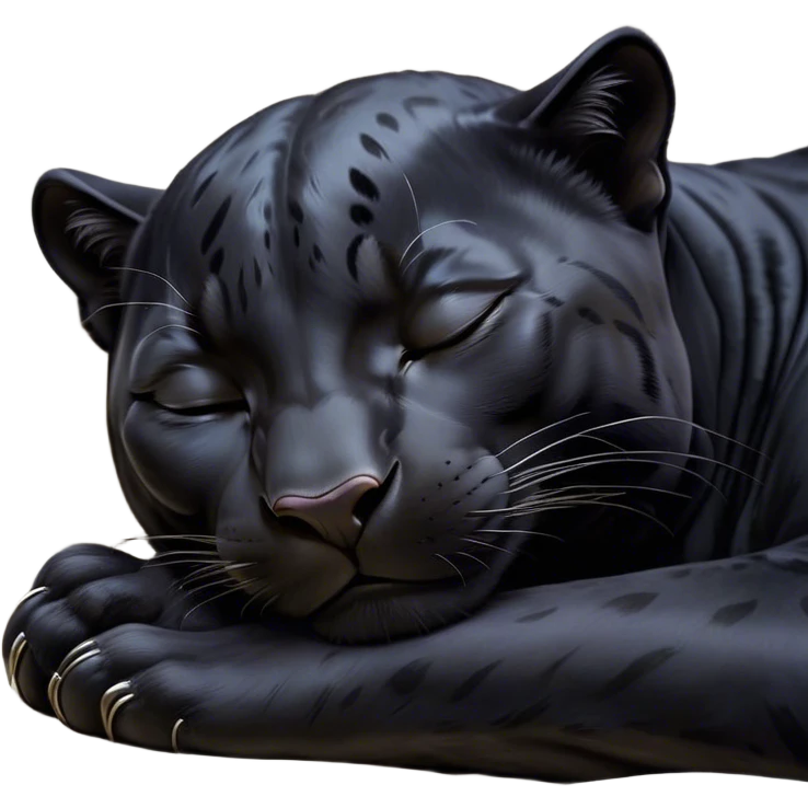 Meme-Worthy cute Sleeping black Panther Portrait Emoji, Head resting peacefully with a contented smile, showcasing a luxuriously sleek form and eyes gently closed in serene slumber, Simplified yet comically adorable features, highly detailed, glowing with a soft, drowsy dark light, high shine, relaxed and utterly lovable, stylized with an air of playful laziness, bright and heartwarming, soft glowing outline, capturing the essence of a sleeping black Panther that feels destined to become the next viral icon of adorable rest! emoji