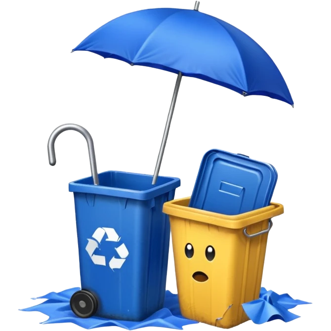 Blue umbrella by trash bin, Lost Umbrella. emoji