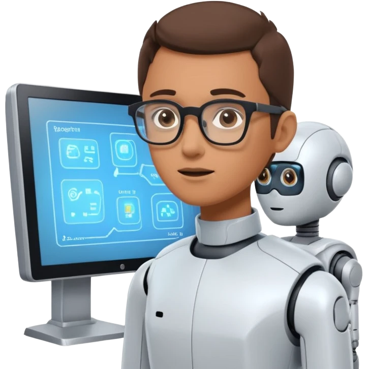 human is using some complicated system, in front of the monitor, asking someting to the monitor by natural language the monitor, ai robot answering in his own language emoji