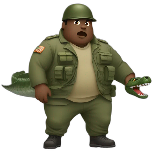a fat black man dressed in military attire fighting with a crocodile emoji