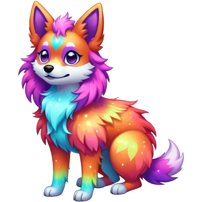 Vibrant multicolored neon-colored Falvie-Fionbri-creature-sparkle-dog-fursona, full body emoji