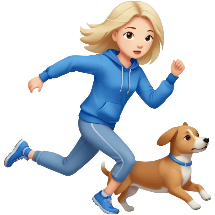A beautiful girl with fair skin chases a dog in a sweatshirt emoji