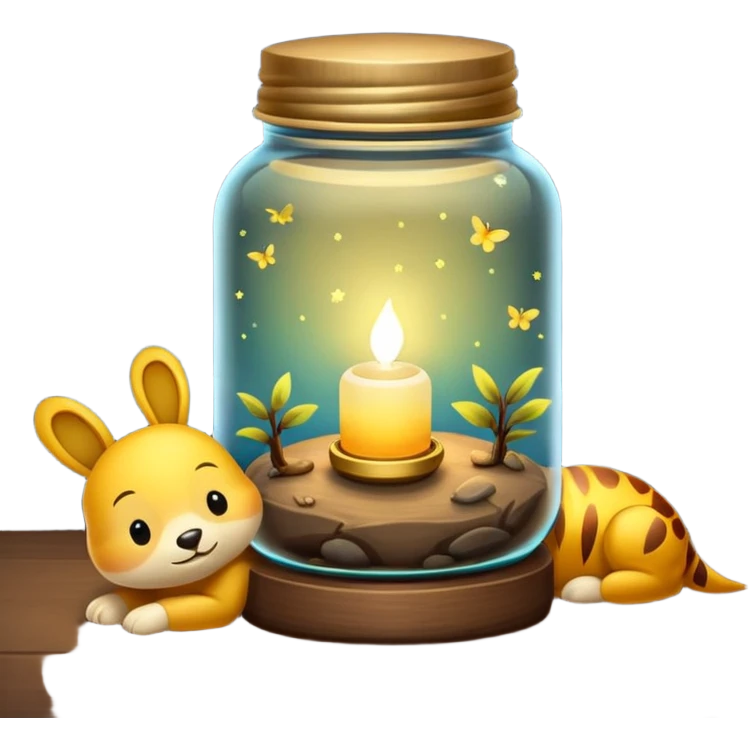 firefly jar used as night lamp beside sleeping critter emoji