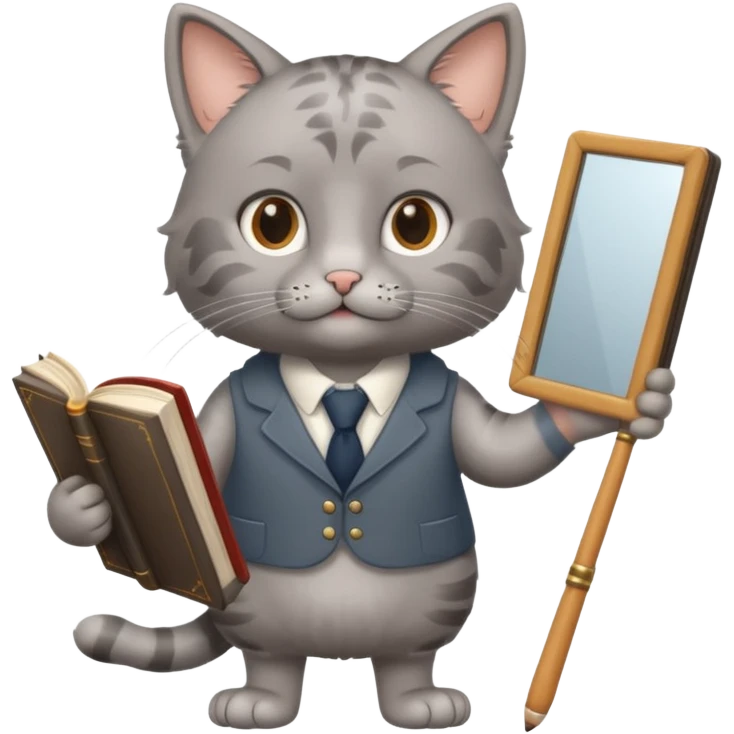A cat with a mirror on its feet, a book in one hand, a teacher's stick in the other, and hair that looks like Einstein's. emoji