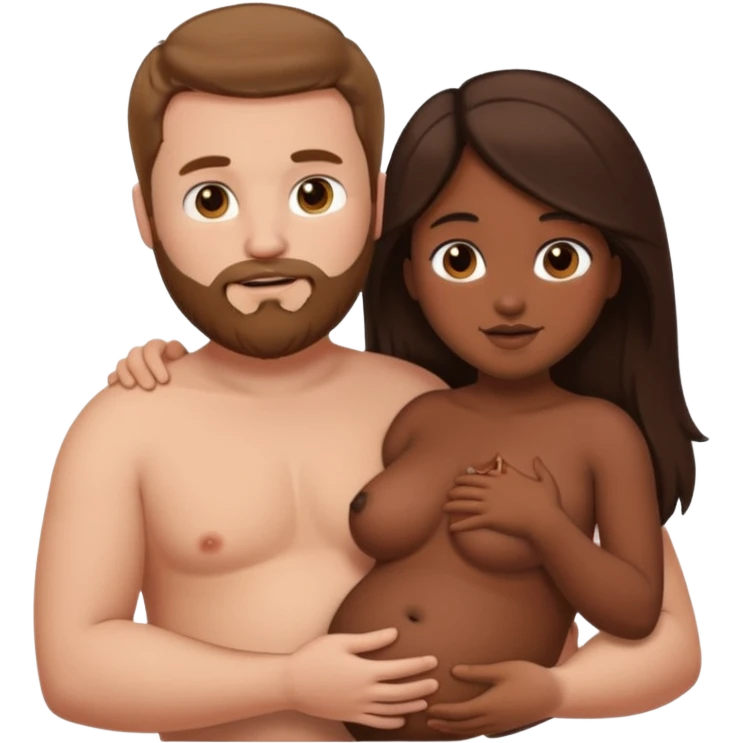 chubby white guy with brown hair and beard, holding a brown girl with long dark hair in arms, naked, showing tits and pussy emoji
