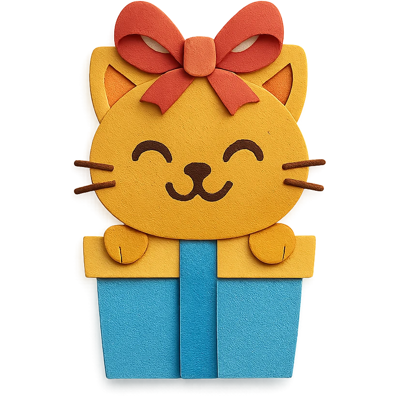 cat inside a gift box with a ribbon on head, smiling, paper-craft style emoji