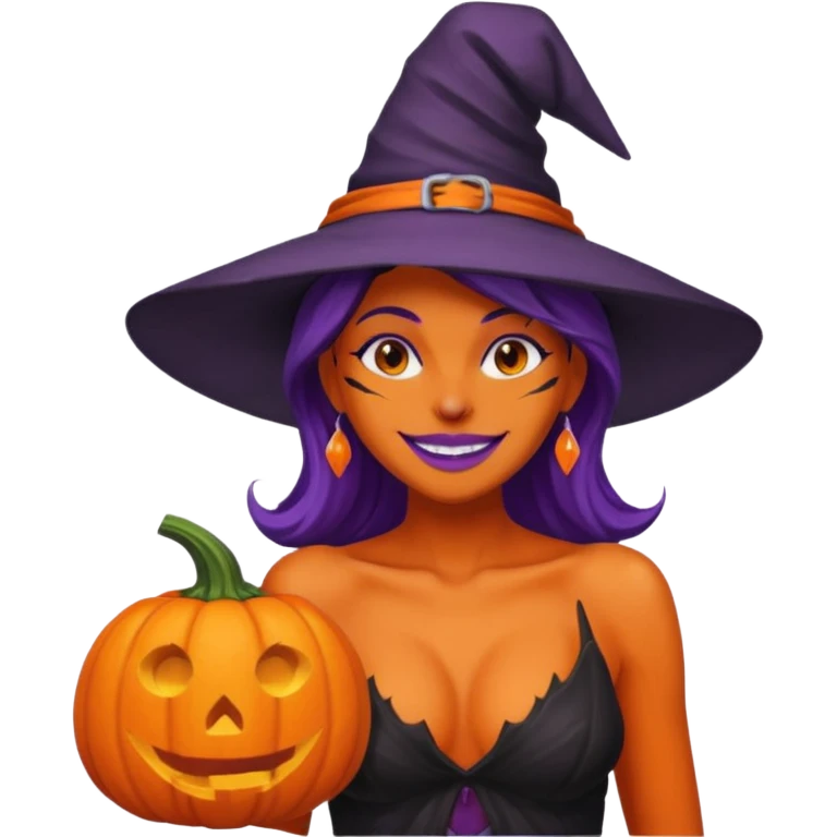 A naked woman with bare chest wears a carved pumpkin head and a witch hat with purple skin emoji